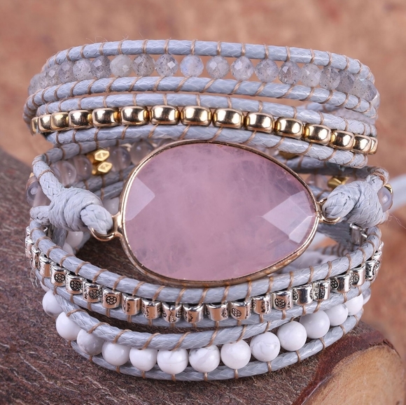 Handmade Pink stone bohemian style layers bracelet - Picture 2 of 4